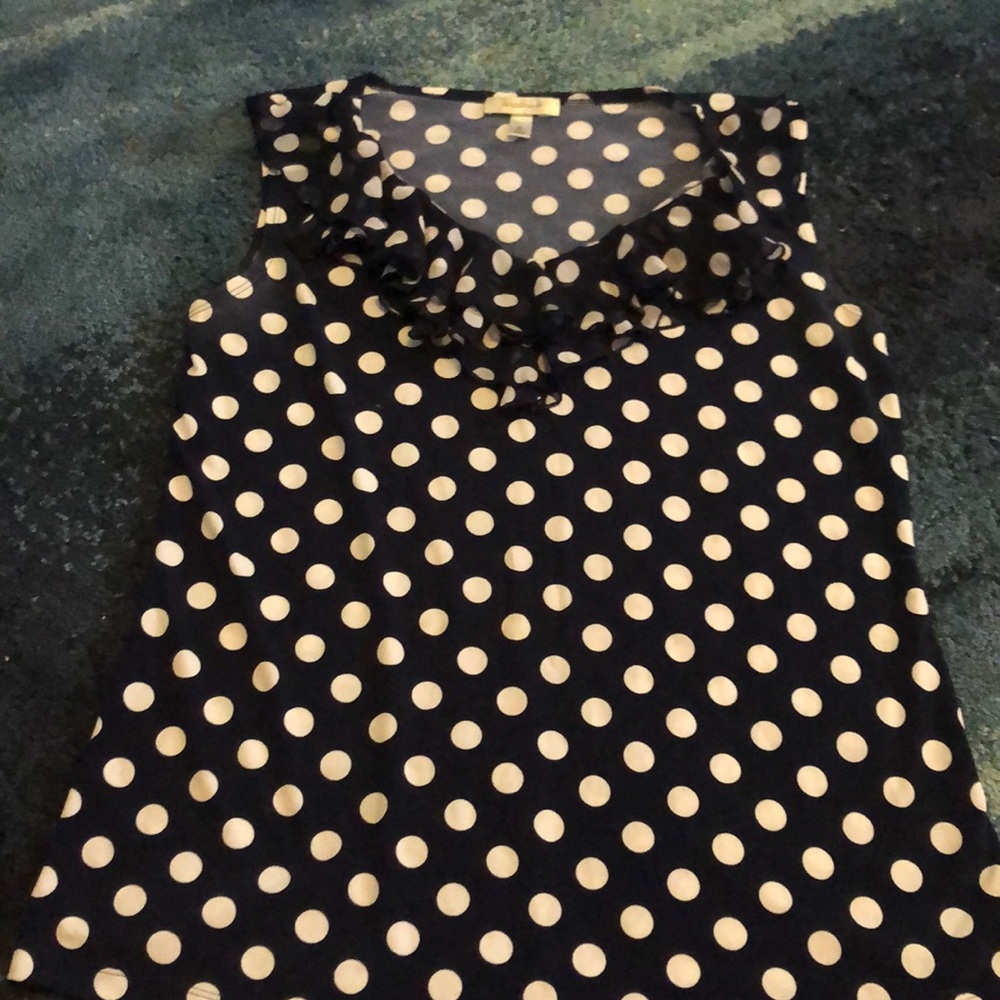 Navy polka dot ruffle blouse
